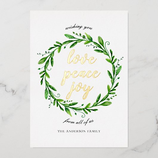 Liefde vreugde. Waterverf kerstflorale goud Folie Feestdagenkaart (Voorkant)