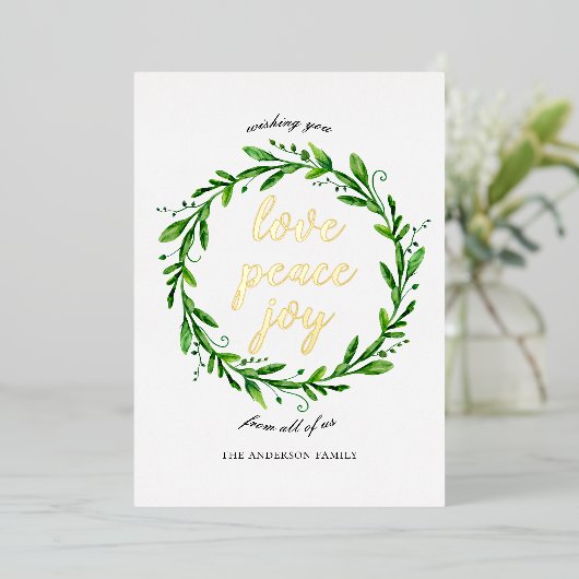 Liefde vreugde. Waterverf kerstflorale goud Folie Feestdagenkaart (Staand Voorkant)