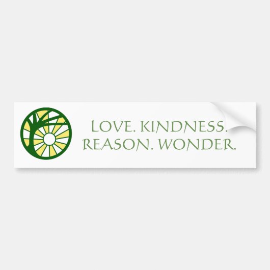 "Liefde. Vriendelijkheid. Rede. Verwondering." Bum Bumpersticker (Voorkant)