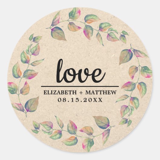 Liefde. Waterverf Branches Wedding Kraft Paper Ronde Sticker (Voorkant)