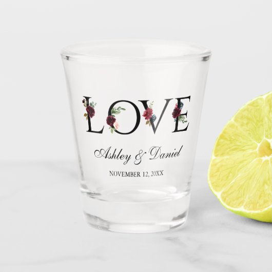 Liefde Waterverf Floral Burgundy Blue Wedding Shot Glas (Voorkant)