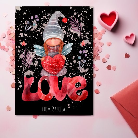 Liefde Waterverf Lady Gnome Met Hart Valentijn Feestdagenkaart