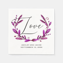 Liefde. Waterverf paarse bloemrijke script bruilof
