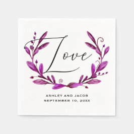 Liefde. Waterverf paarse bloemrijke script bruilof Servet