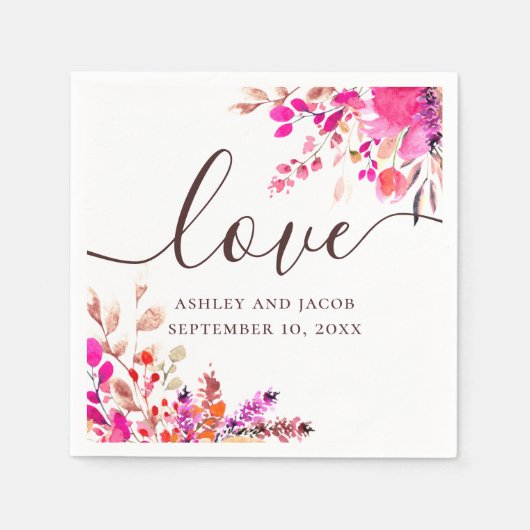 Liefde. Waterverf roze bloemisterij script bruilof Servet (Voorkant)