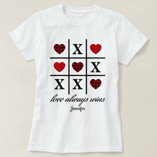 Liefde wint altijd Tic Tac Toe Red Buffalo Hearts T-shirt (Design voorkant)