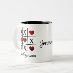 Liefde wint altijd Tic Tac Toe Red Buffalo Hearts Tweekleurige Koffiemok