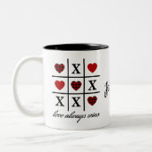 Liefde wint altijd Tic Tac Toe Red Buffalo Hearts Tweekleurige Koffiemok (Links)
