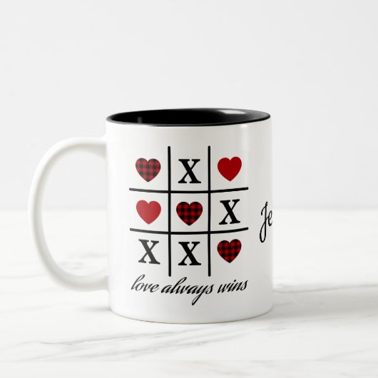 Liefde wint altijd Tic Tac Toe Red Buffalo Hearts Tweekleurige Koffiemok (Links)