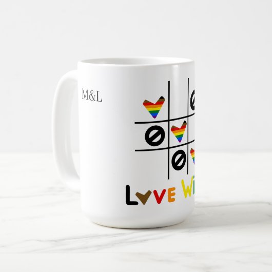 Liefde Wint Tic Tac Toe LGBT Aangepaste Datum & Na Koffiemok (Voorkant links)