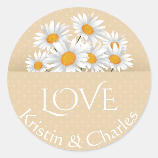 Liefde Witte Daisies Tan Polka Dot Gepersonaliseer Ronde Sticker (Voorkant)
