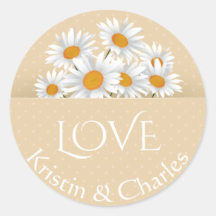Liefde Witte Daisies Tan Polka Dot Gepersonaliseer Ronde Sticker