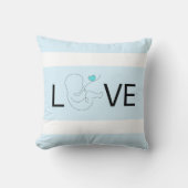Liefde, witte streep, script baby met blauw hart, kussen (Voorkant)