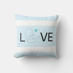 Liefde, witte streep, script baby met blauw hart, kussen