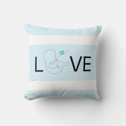 Liefde, witte streep, script baby met blauw hart, kussen (Voorkant)