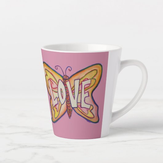 Liefde Word Art Roze Vlinder Vleugel Cup Latte Mok (Rechts)