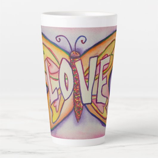 Liefde Word Art Roze Vlinder Vleugel Cup Latte Mok (Voorkant)