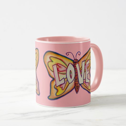Liefde Word Art Roze Vlinder Vleugels Koffie Mok C (Voorkant rechts)