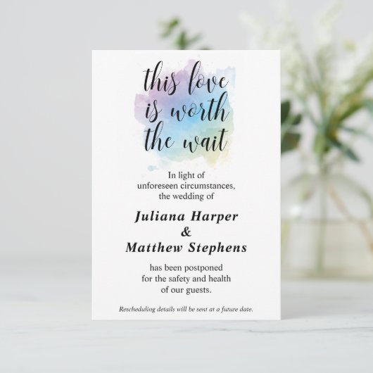 Liefde Worth the Wait | Weddenschap Uitgestelde Ka RSVP Kaartje (Staand voorkant)