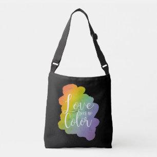 Liefde ziet geen kleuren citaat regenboog zwart crossbody tas