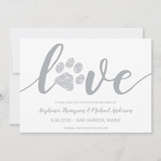 Liefde Zilver Glitter Pootafdruk Bruiloft Save The Date (Voorkant)