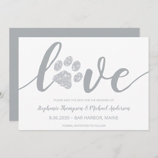 Liefde Zilver Glitter Pootafdruk Bruiloft Save The Date (Voorkant / Achterkant)