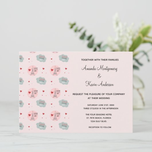 Liefde zit in de Eiffeltoren en het Hart Wedding Kaart (Staand voorkant)