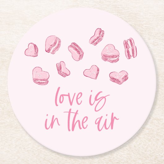 Liefde zit in de lucht roze harten ronde kartonnen onderzetter (Voorkant)
