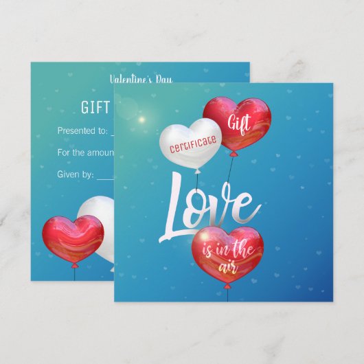 Liefde zit in de luchtballonnen met een cadeaubon. feestdagenkaart (Voorkant / Achterkant)