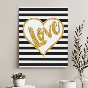 Liefde Zwart & Wit Gouden Glitter Strepen Canvas Afdruk