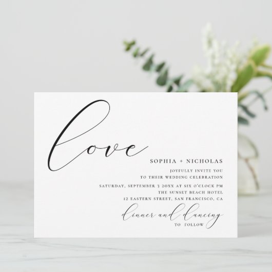 Liefde. Zwarte en witte elegante kalligrafie bruil Kaart (Staand voorkant)