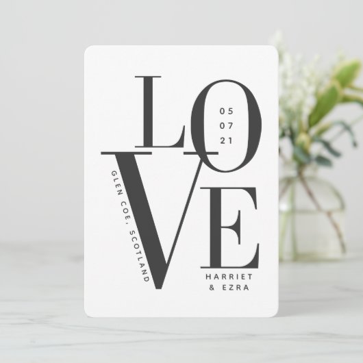 Liefde zwarte witte moderne typografie bruiloft 1 save the date (Staand voorkant)