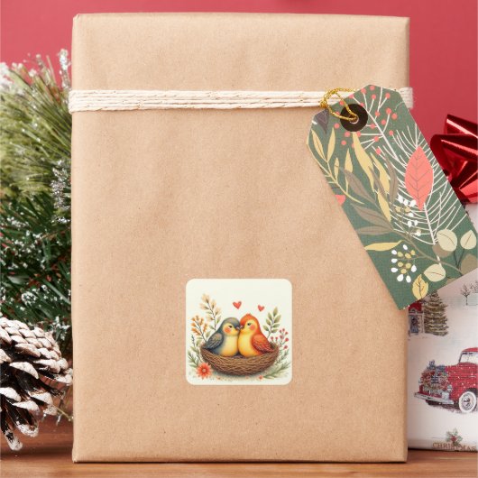 Liefdes vogels vierkante sticker (Feestdagen)