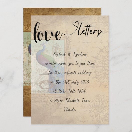 Liefdesbrieven Handgeschreven Peacock Bruiloft Kaart (Voorkant / Achterkant)