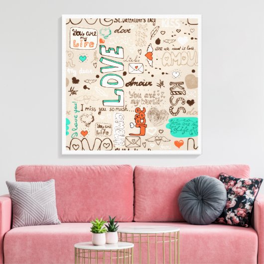 Liefdescitaten Doodle Patroon Canvas Afdruk (Insitu (Woonkamer))