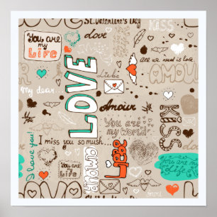 Liefdescitaten Doodle Patroon Poster