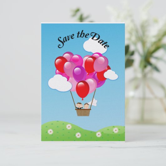 Liefdeshart hete luchtballon Trouww Datum reserver Save The Date (Staand voorkant)