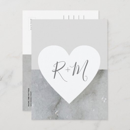 liefdeshart met initialen trouwbruid grijs aankondigingskaart (Voorkant / Achterkant)