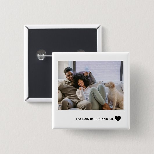 Liefdeshart tekst en 2 foto's vierkante button 5,1 cm (Voorkant /achterkant)