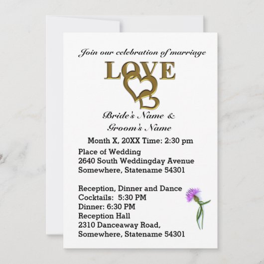 Liefdesharten en Paarse Thistle bruiloft uitnodigi Kaart (Voorkant)