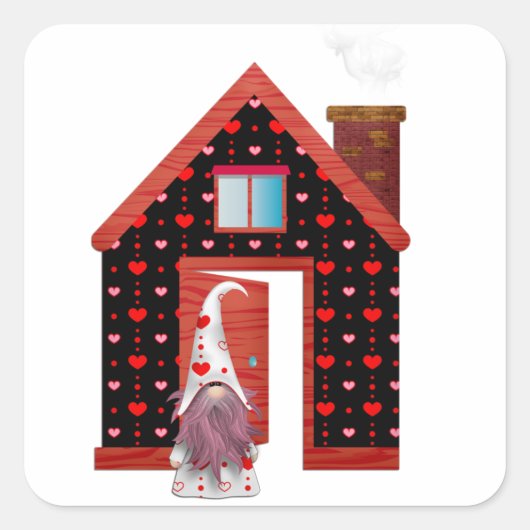 liefdesharten gnome en zijn hartenhuis vierkante sticker (Voorkant)