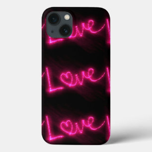 liefdeshartenneon hot-roze zwarte ifoon iPhone 13 hoesje