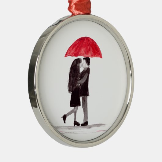 Liefdeskoppel rode paraplu waterverf bruiloft scha metalen ornament (Rechts)