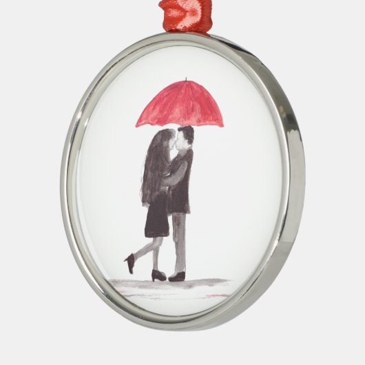 Liefdeskoppel rode paraplu waterverf bruiloft scha metalen ornament (Links)