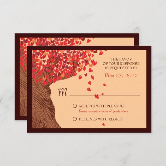 Liefdeskoppel vallende harten eik RSVP (Voorkant / Achterkant)