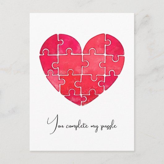Liefdespuzzel opgelost, rode puzzelhart briefkaart (Voorkant)