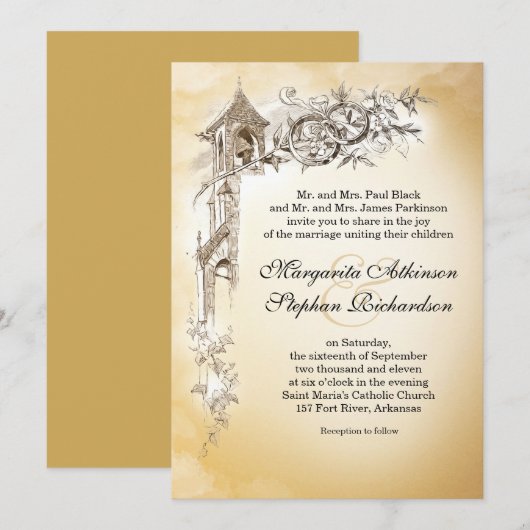  liefdesringen & klokken huwelijksuitnodigingen kaart (Voorkant / Achterkant)