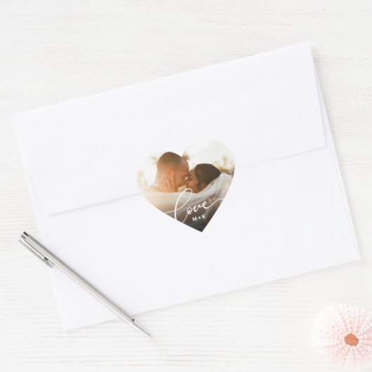Liefdesscript Hart Pasgetrouwd Aangepaste Foto Sticker (Envelop)