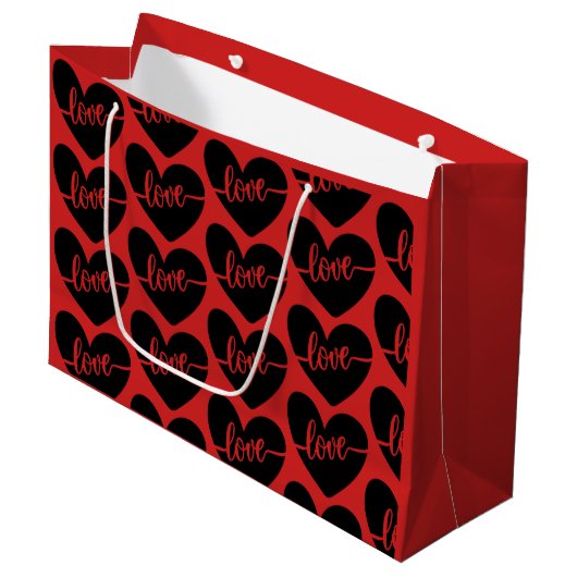 Liefdesscript Hartjes Rood Zwart Patroon Valentijn Groot Cadeauzakje (Voorkant Gekanteld)