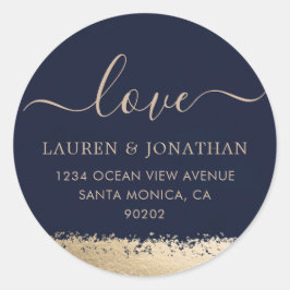 Liefdesscript, marine en gouden folie bruiloft ronde sticker